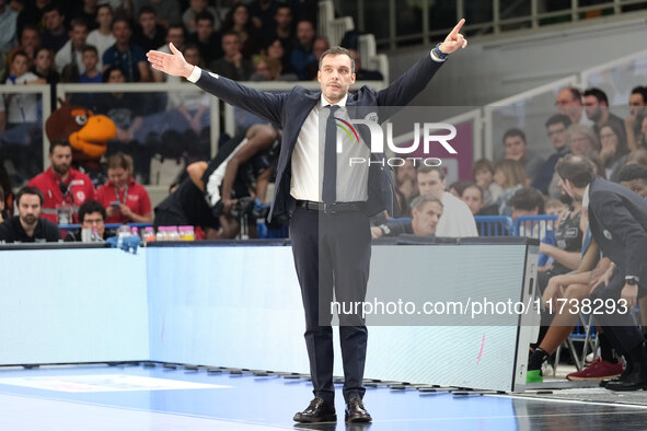 Paolo Galbiati, head coach of Dolomiti Energia Trentino, shows exultation during the match between Dolomiti Energia Trentino and EA7 Emporio...