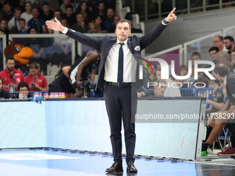 Paolo Galbiati, head coach of Dolomiti Energia Trentino, shows exultation during the match between Dolomiti Energia Trentino and EA7 Emporio...