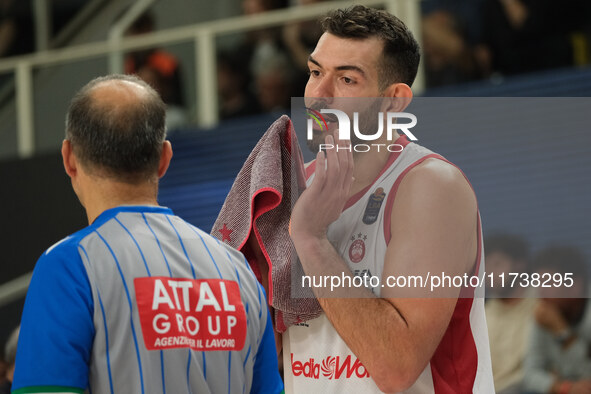 Giampaolo Ricci of EA7 Emporio Armani Milano discusses with the referee during the match between Dolomiti Energia Trentino and EA7 Emporio A...