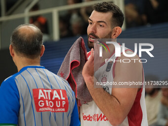 Giampaolo Ricci of EA7 Emporio Armani Milano discusses with the referee during the match between Dolomiti Energia Trentino and EA7 Emporio A...