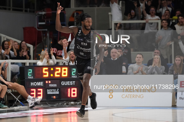 Myles Cale of Dolomiti Energia Trentino celebrates after scoring a basket during the match between Dolomiti Energia Trentino and EA7 Emporio...