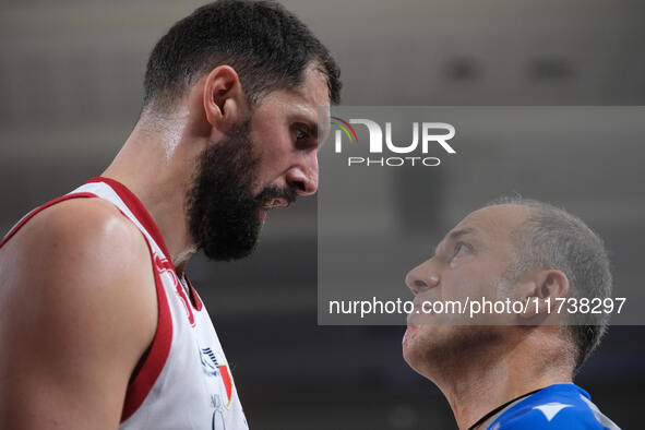 Nikola Mirotic of EA7 Emporio Armani Milano discusses with the referee during the match between Dolomiti Energia Trentino and EA7 Emporio Ar...