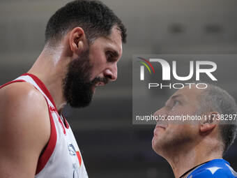 Nikola Mirotic of EA7 Emporio Armani Milano discusses with the referee during the match between Dolomiti Energia Trentino and EA7 Emporio Ar...