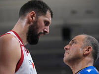 Nikola Mirotic of EA7 Emporio Armani Milano discusses with the referee during the match between Dolomiti Energia Trentino and EA7 Emporio Ar...