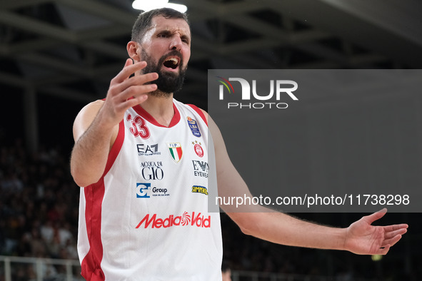 Nikola Mirotic of EA7 Emporio Armani Milano protests during the match between Dolomiti Energia Trentino and EA7 Emporio Armani Milano in the...