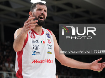 Nikola Mirotic of EA7 Emporio Armani Milano protests during the match between Dolomiti Energia Trentino and EA7 Emporio Armani Milano in the...