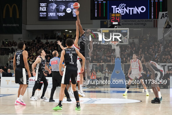 Selom Mawugbe of Dolomiti Energia Trentino is in action during the match between Dolomiti Energia Trentino and EA7 Emporio Armani Milano, re...