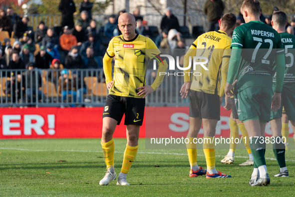 Michal Pazdan participates in the game between Wieczysta Krakow and Olimpia Grudziadz in Krakow, Poland, on November 3, 2024. This is a Betc...