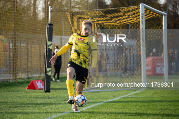 Bartosz Brzek participates in the game between Wieczysta Krakow and Olimpia Grudziadz in Krakow, Poland, on November 3, 2024. This is a Betc...