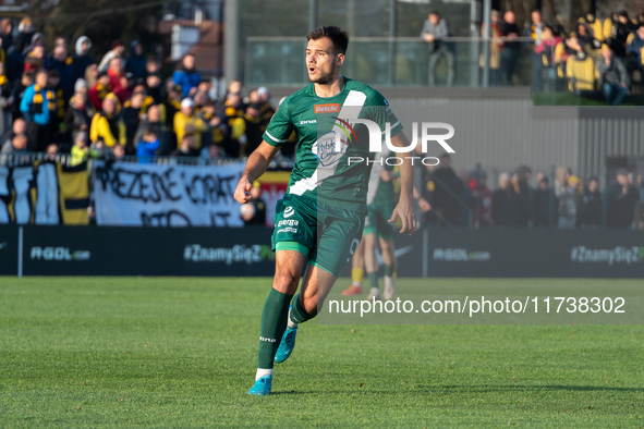 Maciej Mas participates in the game between Wieczysta Krakow and Olimpia Grudziadz in Krakow, Poland, on November 3, 2024. This is a Betclic...