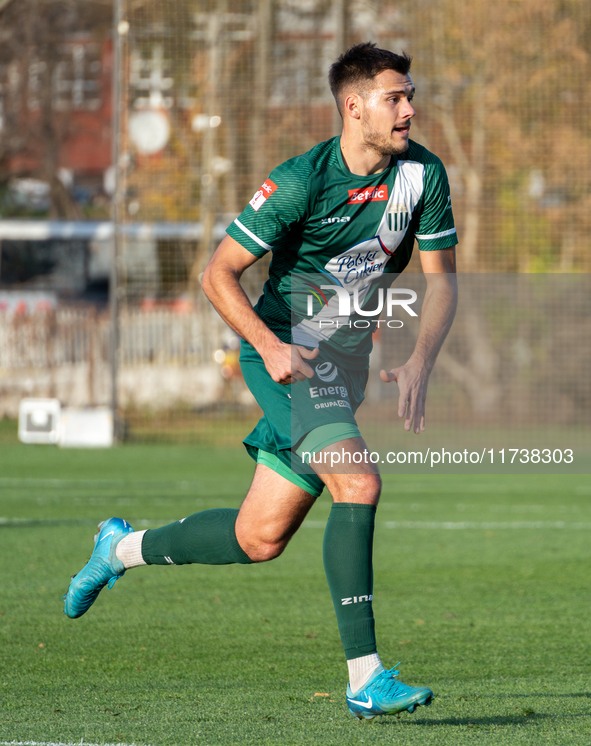 Maciej Mas participates in the game between Wieczysta Krakow and Olimpia Grudziadz in Krakow, Poland, on November 3, 2024. This is a Betclic...