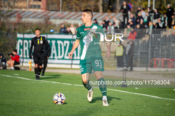 Ivan Tsyupa participates in the game between Wieczysta Krakow and Olimpia Grudziadz in Krakow, Poland, on November 3, 2024. This is a Betcli...