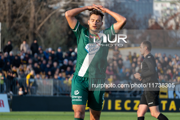 Maciej Mas participates in the game between Wieczysta Krakow and Olimpia Grudziadz in Krakow, Poland, on November 3, 2024. This is a Betclic...