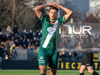 Maciej Mas participates in the game between Wieczysta Krakow and Olimpia Grudziadz in Krakow, Poland, on November 3, 2024. This is a Betclic...