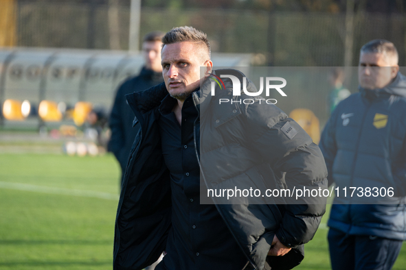 Wieczysta coach Slawomir Peszko is present during the game between Wieczysta Krakow and Olimpia Grudziadz in Krakow, Poland, on November 3,...