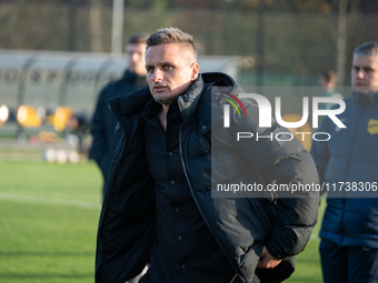 Wieczysta coach Slawomir Peszko is present during the game between Wieczysta Krakow and Olimpia Grudziadz in Krakow, Poland, on November 3,...