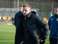 Wieczysta coach Slawomir Peszko is present during the game between Wieczysta Krakow and Olimpia Grudziadz in Krakow, Poland, on November 3,...