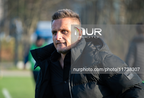 Wieczysta coach Slawomir Peszko is present during the game between Wieczysta Krakow and Olimpia Grudziadz in Krakow, Poland, on November 3,...