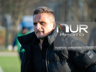 Wieczysta coach Slawomir Peszko is present during the game between Wieczysta Krakow and Olimpia Grudziadz in Krakow, Poland, on November 3,...