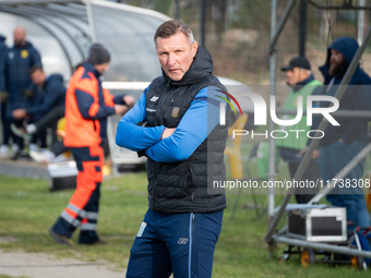 Olimpia coach Grzegorz Nicinski is present during the game between Wieczysta Krakow and Olimpia Grudziadz in Krakow, Poland, on November 3,...