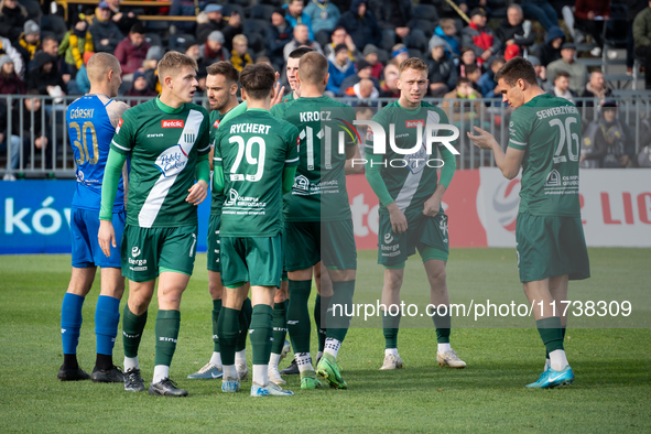 Olimpia players participate in the game between Wieczysta Krakow and Olimpia Grudziadz in Krakow, Poland, on November 3, 2024. This is a Bet...