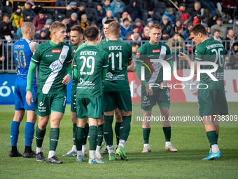 Olimpia players participate in the game between Wieczysta Krakow and Olimpia Grudziadz in Krakow, Poland, on November 3, 2024. This is a Bet...