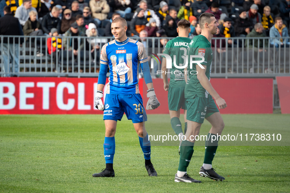 Goalkeeper Kacper Gorski participates in the game between Wieczysta Krakow and Olimpia Grudziadz in Krakow, Poland, on November 3, 2024. Thi...