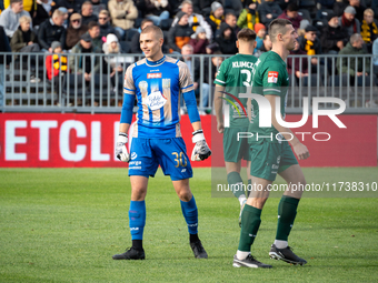 Goalkeeper Kacper Gorski participates in the game between Wieczysta Krakow and Olimpia Grudziadz in Krakow, Poland, on November 3, 2024. Thi...