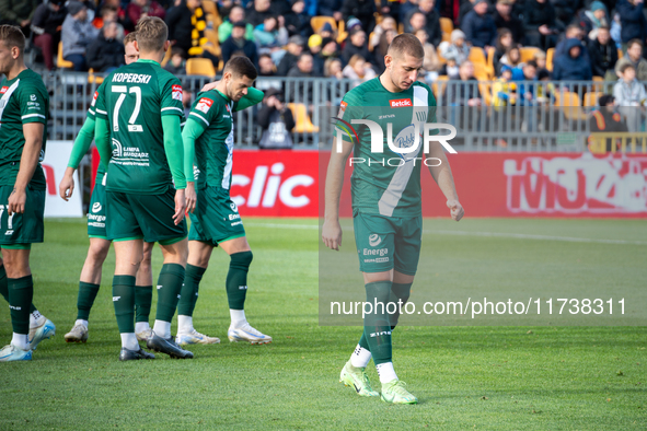 Szymon Krocz participates in the game between Wieczysta Krakow and Olimpia Grudziadz in Krakow, Poland, on November 3, 2024. This is a Betcl...