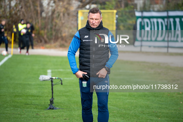 Olimpia coach Grzegorz Nicinski is present during the game between Wieczysta Krakow and Olimpia Grudziadz in Krakow, Poland, on November 3,...