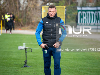 Olimpia coach Grzegorz Nicinski is present during the game between Wieczysta Krakow and Olimpia Grudziadz in Krakow, Poland, on November 3,...