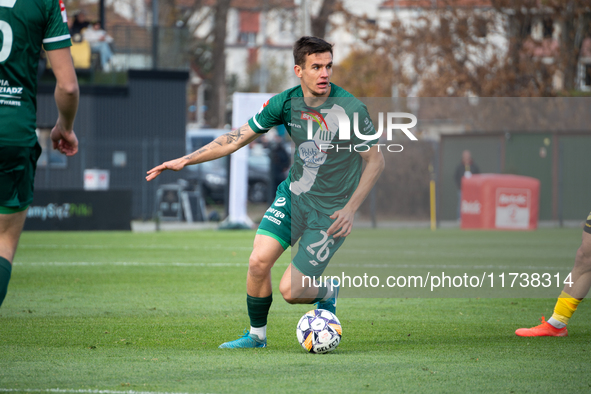 Oskar Sewerzynski participates in the game between Wieczysta Krakow and Olimpia Grudziadz in Krakow, Poland, on November 3, 2024. This is a...