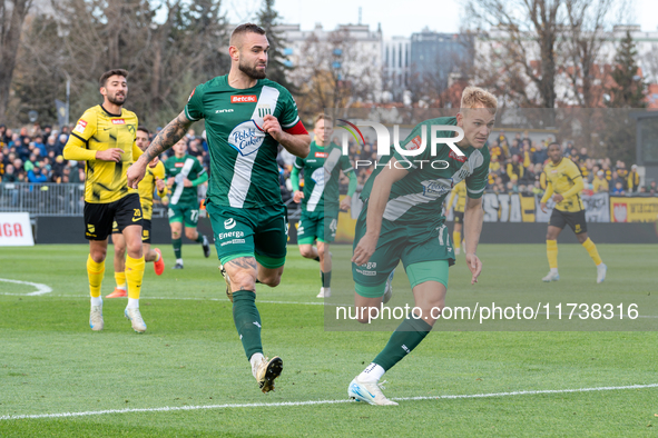 A Betclic 2 Liga game takes place between Wieczysta Krakow and Olimpia Grudziadz in Krakow, Poland, on November 3, 2024. This is a Polish fo...