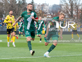 A Betclic 2 Liga game takes place between Wieczysta Krakow and Olimpia Grudziadz in Krakow, Poland, on November 3, 2024. This is a Polish fo...