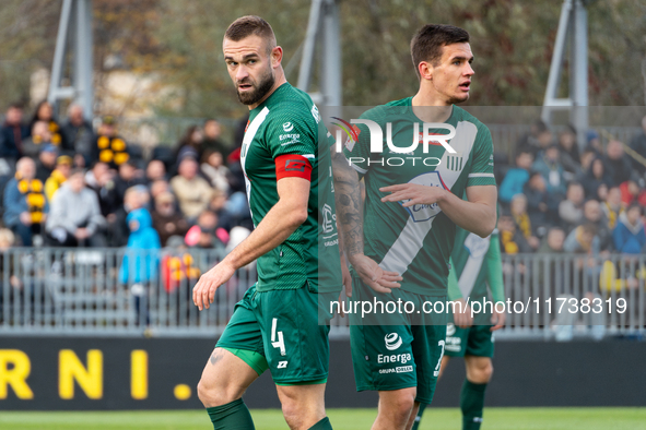 Damian Kostkowski and Oskar Sewerzynski participate in the game between Wieczysta Krakow and Olimpia Grudziadz in Krakow, Poland, on Novembe...