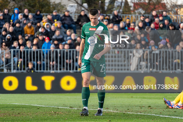 Bartosz Zbiciak participates in the game between Wieczysta Krakow and Olimpia Grudziadz in Krakow, Poland, on November 3, 2024. This is a Be...