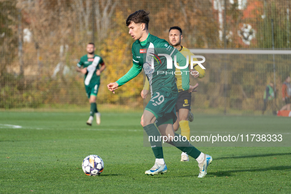 Kacper Rychert participates in the game between Wieczysta Krakow and Olimpia Grudziadz in Krakow, Poland, on November 3, 2024. This is a Bet...