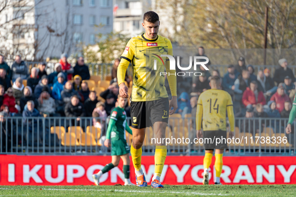 Konrad Kasolik participates in the game between Wieczysta Krakow and Olimpia Grudziadz in Krakow, Poland, on November 3, 2024. This is a Bet...