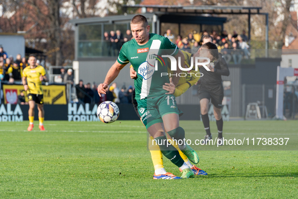 Szymon Krocz participates in the game between Wieczysta Krakow and Olimpia Grudziadz in Krakow, Poland, on November 3, 2024. This is a Betcl...