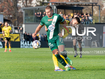 Szymon Krocz participates in the game between Wieczysta Krakow and Olimpia Grudziadz in Krakow, Poland, on November 3, 2024. This is a Betcl...