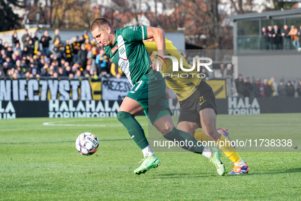 Szymon Krocz participates in the game between Wieczysta Krakow and Olimpia Grudziadz in Krakow, Poland, on November 3, 2024. This is a Betcl...