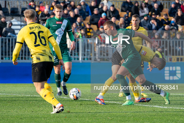 Szymon Krocz participates in the game between Wieczysta Krakow and Olimpia Grudziadz in Krakow, Poland, on November 3, 2024. This is a Betcl...