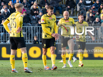 Wieczysta players participate in the game between Wieczysta Krakow and Olimpia Grudziadz in Krakow, Poland, on November 3, 2024. This is a B...