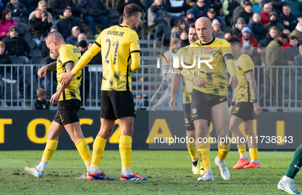 Wieczysta players participate in the game between Wieczysta Krakow and Olimpia Grudziadz in Krakow, Poland, on November 3, 2024. This is a B...