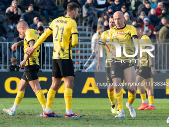 Wieczysta players participate in the game between Wieczysta Krakow and Olimpia Grudziadz in Krakow, Poland, on November 3, 2024. This is a B...