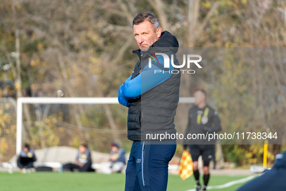 Olimpia coach Grzegorz Nicinski is present during the game between Wieczysta Krakow and Olimpia Grudziadz in Krakow, Poland, on November 3,...