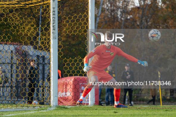 Goalkeeper Antoni Mikulko participates in the game between Wieczysta Krakow and Olimpia Grudziadz in Krakow, Poland, on November 3, 2024. Th...