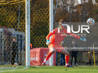 Goalkeeper Antoni Mikulko participates in the game between Wieczysta Krakow and Olimpia Grudziadz in Krakow, Poland, on November 3, 2024. Th...