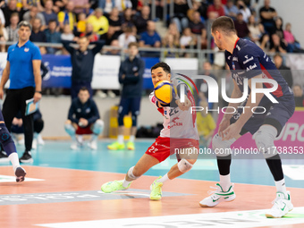 ERIK SHOJI participates in a match of the PLUS Liga between Stal Nysa and ZAKSA Kedzierzyn Kozle in Nysa, Poland, on November 3, 2024. (