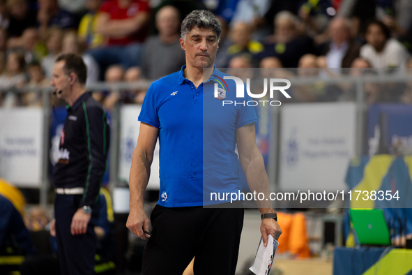 Andrea Giani participates in a match of the Plus Liga between Stal Nysa and ZAKSA Kedzierzyn Kozle in Nysa, Poland, on November 3, 2024. 